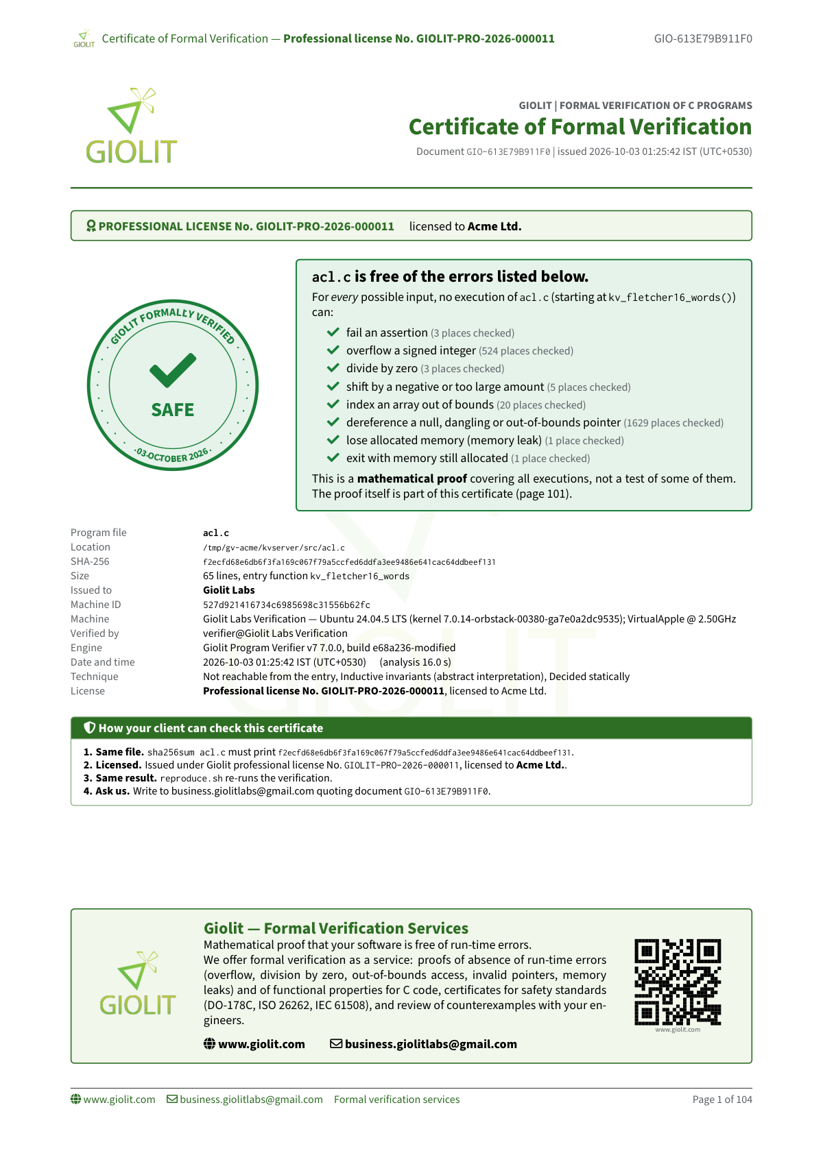Multi-file C project verification certificate screenshot — kvserver entry kv_fletcher16_words, 9 proven in 16 seconds across 35 files