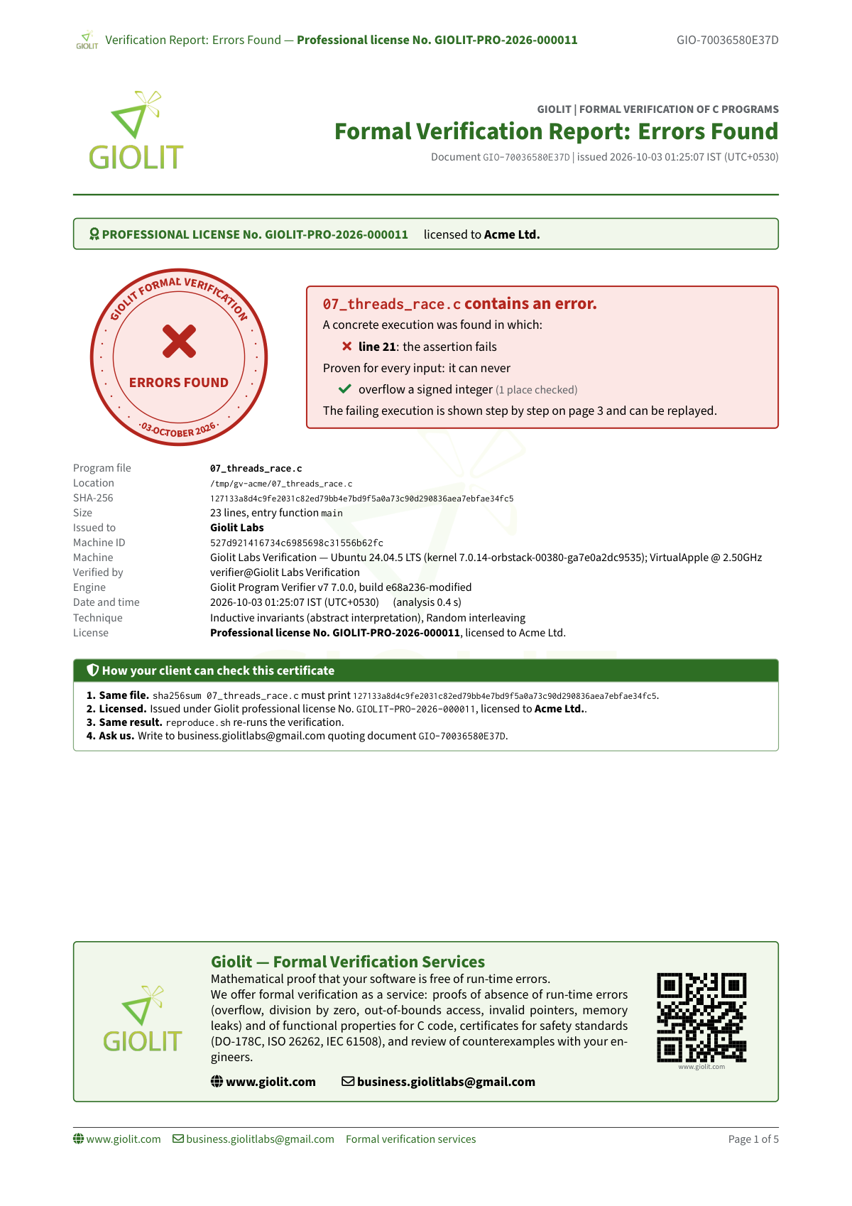 Verification report screenshot — threads race violation, 07_threads_race.c, 1 violated with failing interleaving in 0.3 seconds