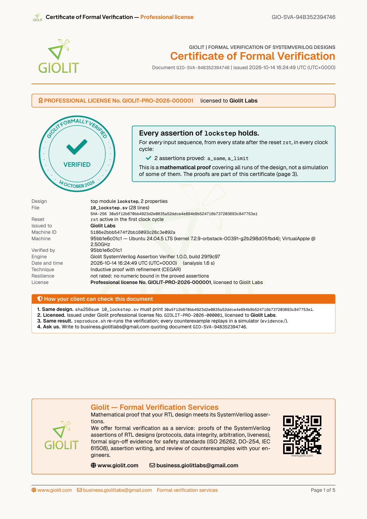 SVA proof certificate screenshot — 24-bit lockstep counter pair proved with a 3-case inductive invariant