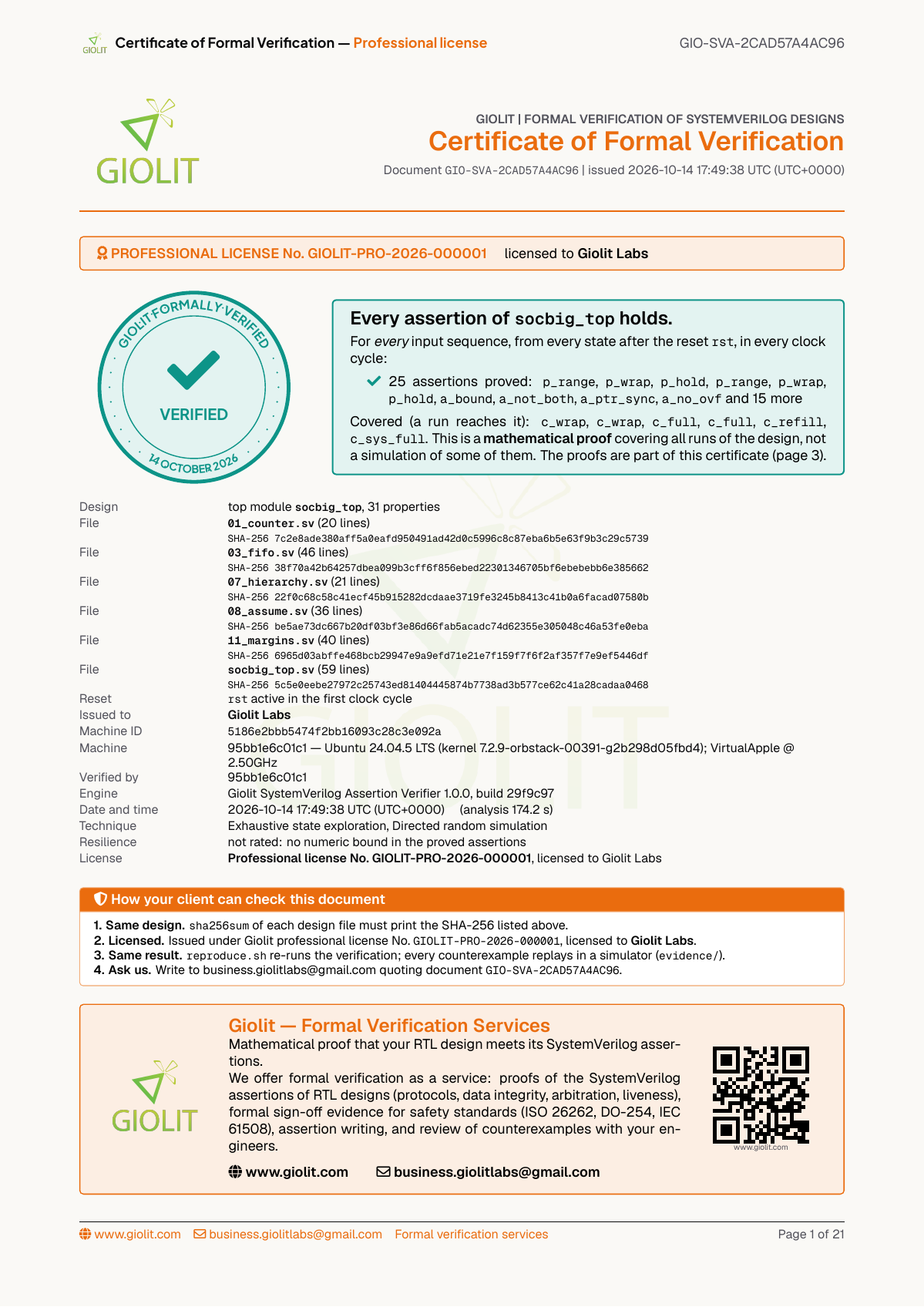 SVA project certificate screenshot — 6-file SoC integration with two depth-16 FIFOs, 25 assertions PROVED and 6 covers