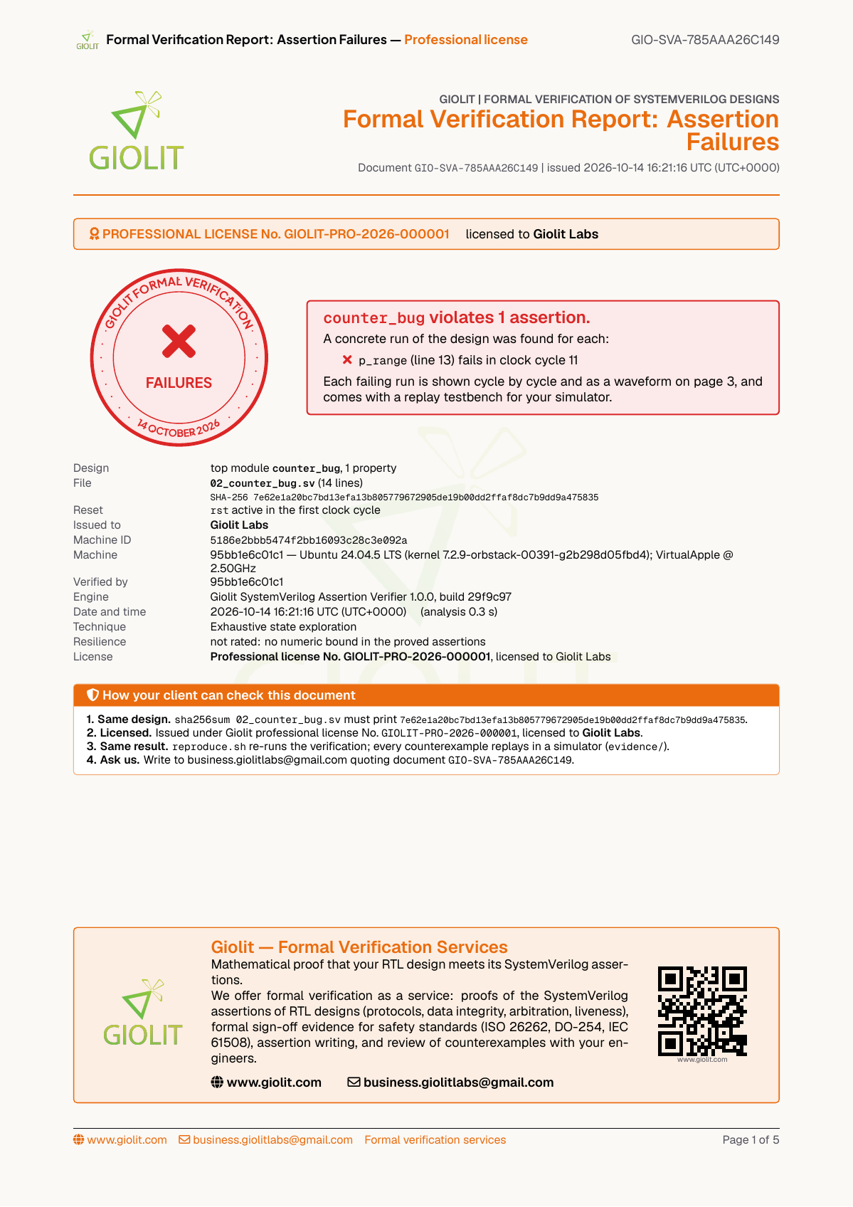 SVA counterexample report screenshot — counter bug, assertion FAILED with 12-cycle trace, waveform and replay testbench