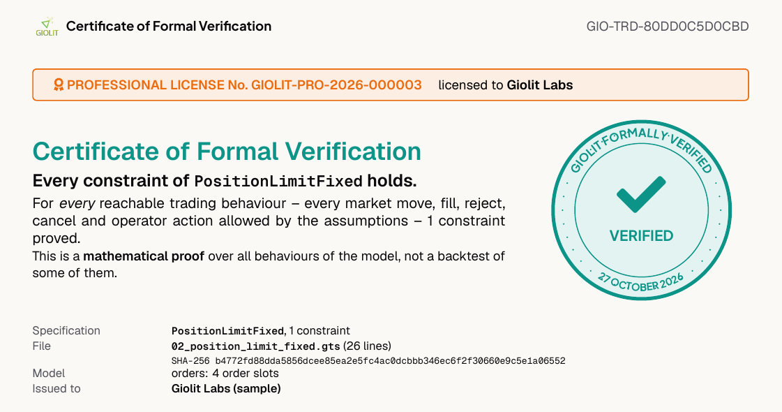 Certificate of formal verification, page 1 excerpt: PositionLimitFixed, position limit proved for any number of orders