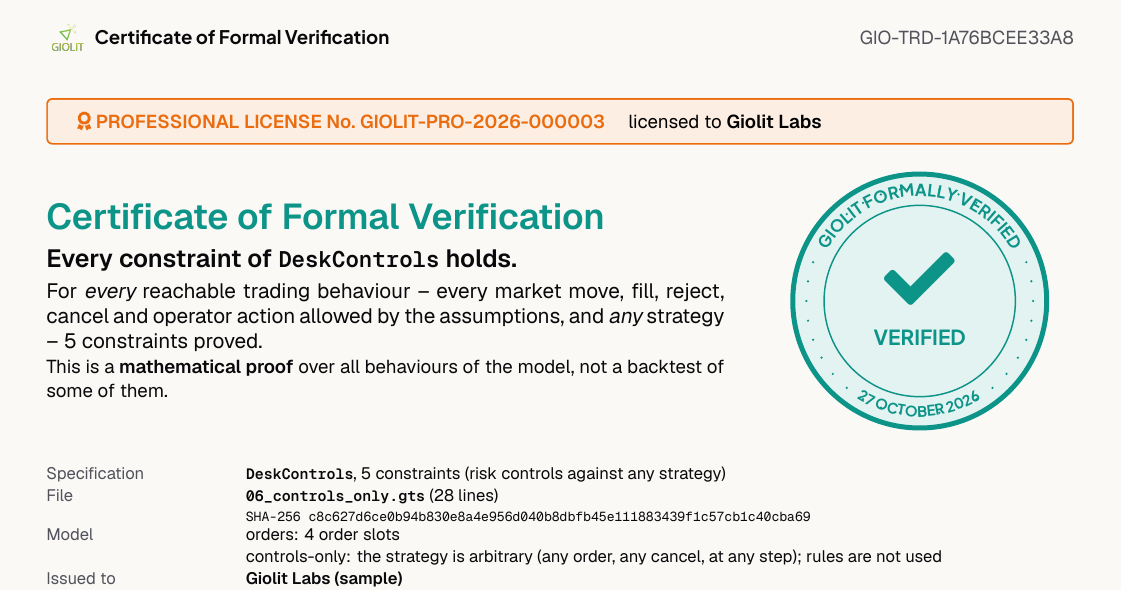 Giolit Trading Risk Verifier certificate of formal verification, page 1 excerpt: DeskControls pre-trade risk gateway, 5 constraints proved against any strategy, document GIO-TRD-1A76BCEE33A8
